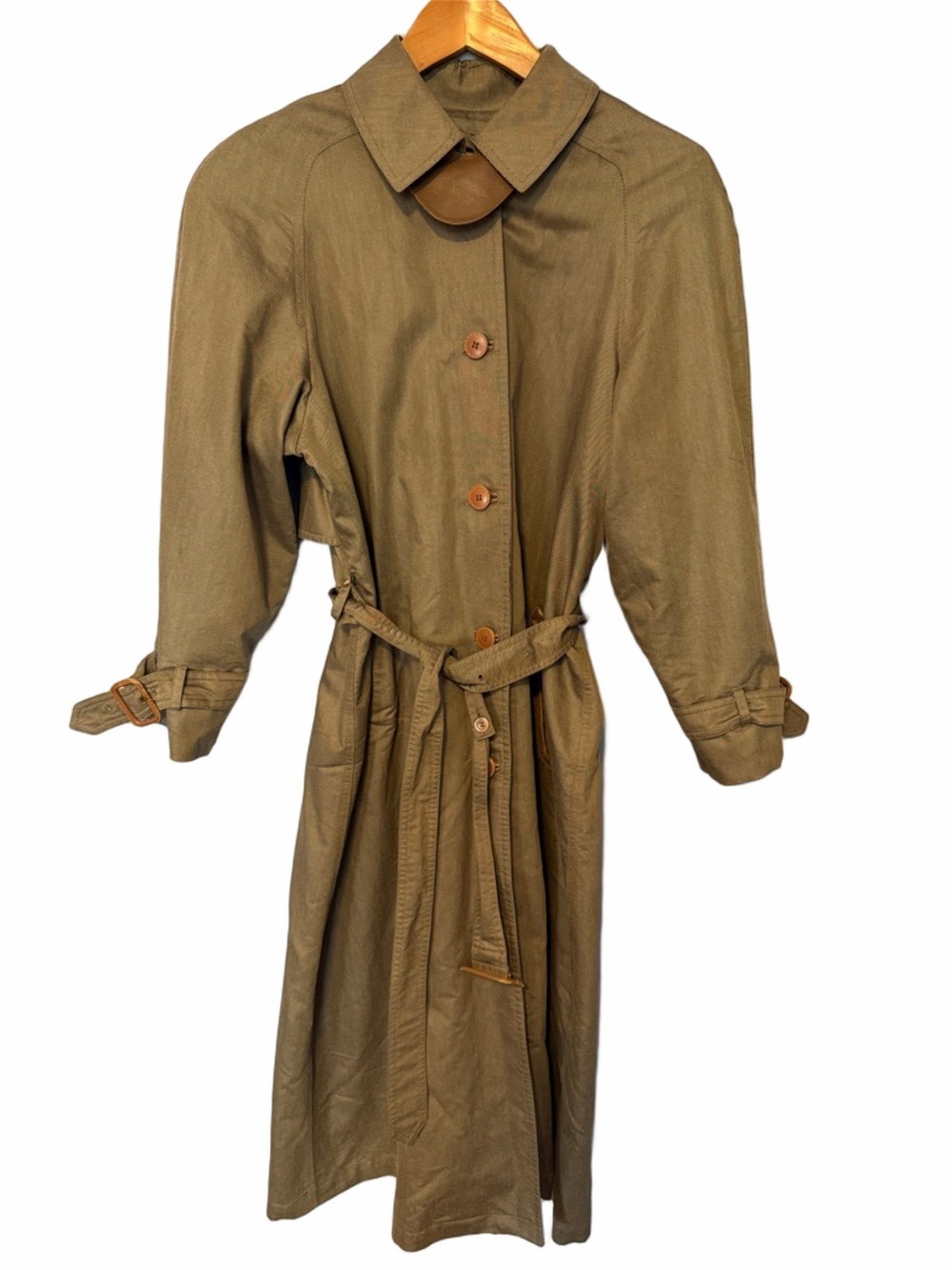 Etienne Aigner Vintage Olive Trench Coat Belted Leather Trim Wool Lined Sz 8 - Picture 3 of 16